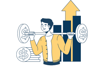 hombre levantando unas pesas que tienen el símbolo del dollar con un gráfico ascendente detrás que simboliza el aumento de los beneficios cuando se automatiza un negocio con inteligencia artificial