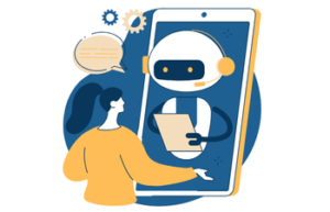 Ilustración de un chatbot por voz con inteligencia artificial (IA) en acción. Una mujer interactúa con un asistente virtual desde su smartphone, destacando cómo las pymes y autónomos pueden implementar tecnología de reconocimiento de voz para automatizar tareas y mejorar la atención al cliente.