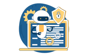 Esta ilustración muestra un Chatbot especializado para tareas concretas dentro de la empresa, protegido por un escudo de seguridad frente a un monitor con engranajes. Refleja cómo la inteligencia artificial (IA) y la automatización permiten a pymes, autónomos y pequeños negocios mejorar sus procesos con IA y soluciones adaptadas a sus necesidades.